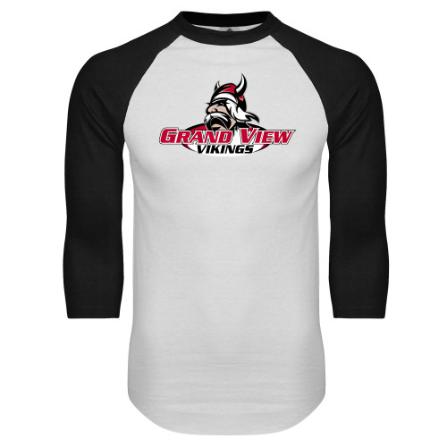  White/Black Raglan Baseball T Shirt - Grand View Viking Head