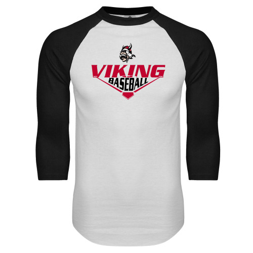  White/Black Raglan Baseball T Shirt - Baseball with Half Diamond