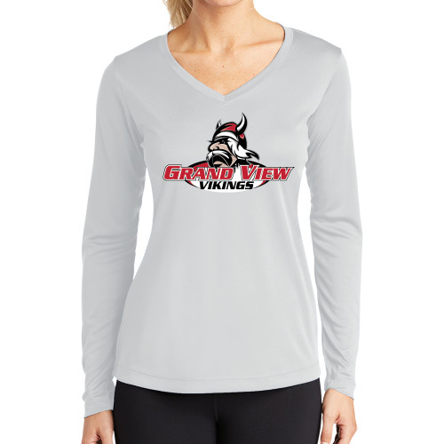  Womens White Performance Long Sleeve V Neck Shirt - Grand View Viking Head