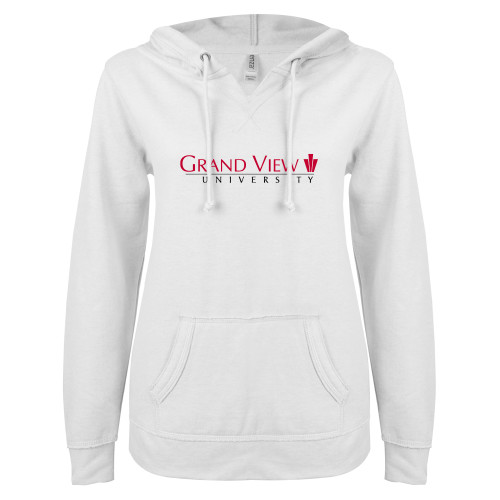  ENZA Womens White V Notch Raw Edge Fleece Hoodie - Grand View University