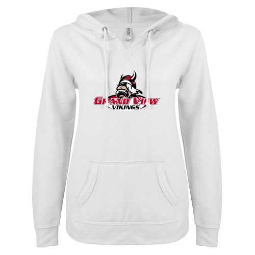  ENZA Womens White V Notch Raw Edge Fleece Hoodie - Grand View Viking Head