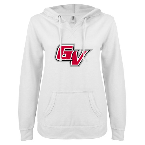  ENZA Womens White V Notch Raw Edge Fleece Hoodie - GV Athletic