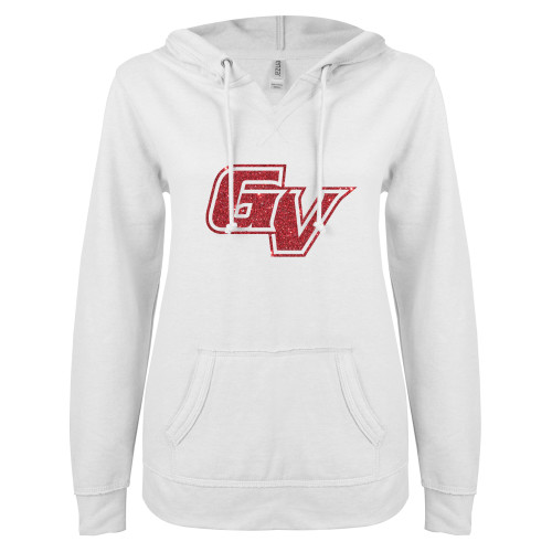  ENZA Womens White V Notch Raw Edge Fleece Hoodie - N Red Glitter