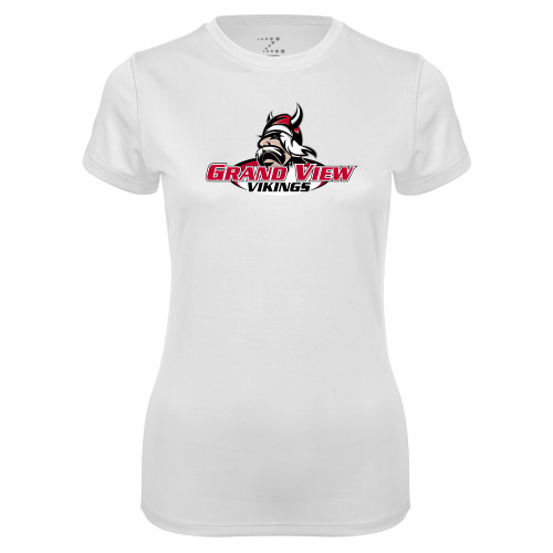  Womens White Performance Tee - Grand View Viking Head