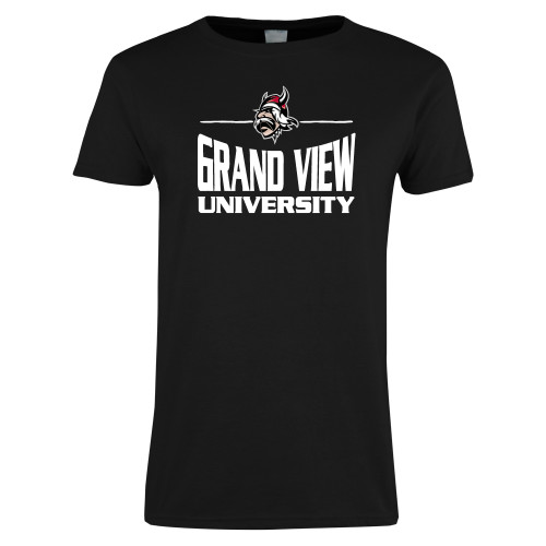  Womens Black Short Sleeve Tee - Viking Head Over Grand View Vikings