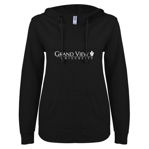 Grand View ENZA Womens Black V Notch Raw Edge Fleece Hoodie