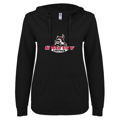  ENZA Womens Black V Notch Raw Edge Fleece Hoodie - Grand View Viking Head