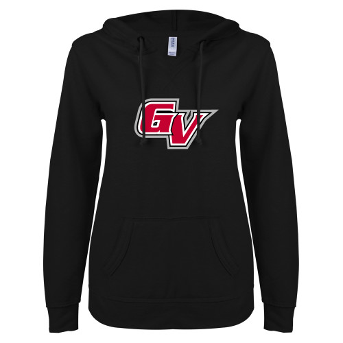  ENZA Womens Black V Notch Raw Edge Fleece Hoodie - GV Athletic