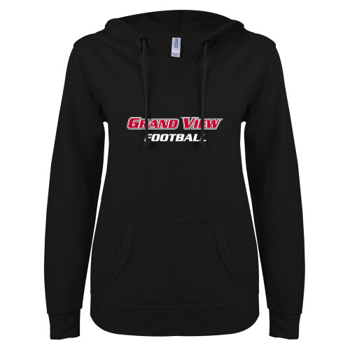  ENZA Womens Black V Notch Raw Edge Fleece Hoodie - Football