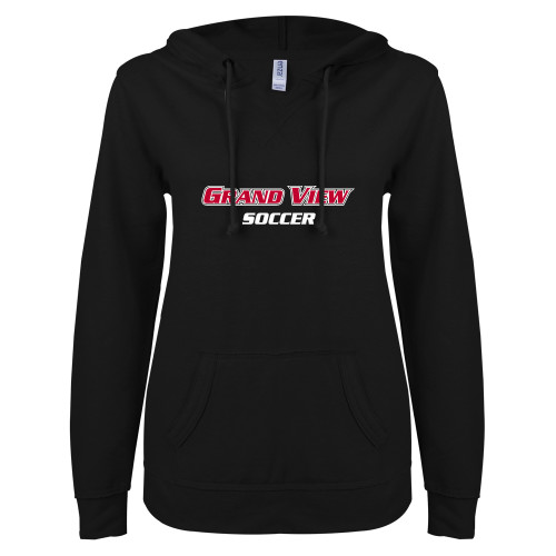  ENZA Womens Black V Notch Raw Edge Fleece Hoodie - Soccer