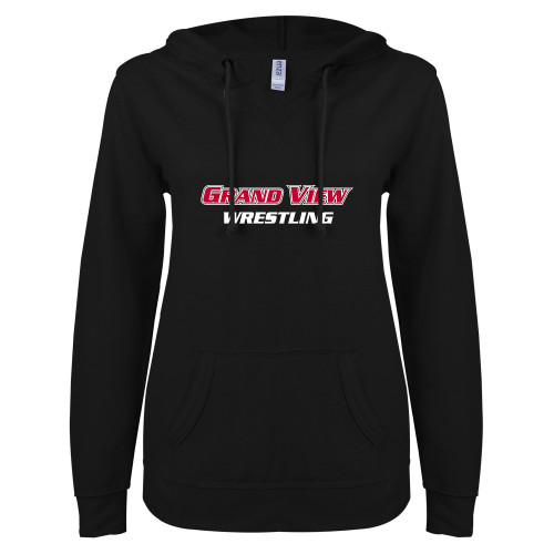  ENZA Womens Black V Notch Raw Edge Fleece Hoodie - Wrestling