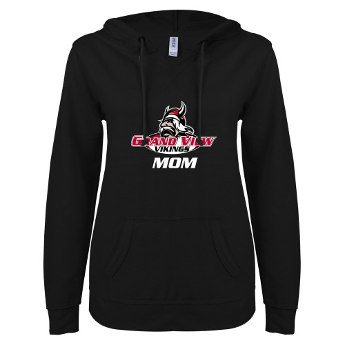  ENZA Womens Black V Notch Raw Edge Fleece Hoodie - Mom Athletics