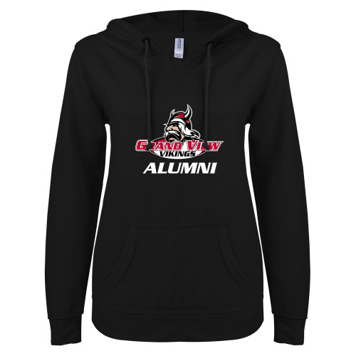  ENZA Womens Black V Notch Raw Edge Fleece Hoodie - Alumni Athletics