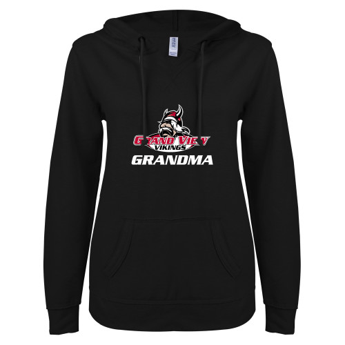  ENZA Womens Black V Notch Raw Edge Fleece Hoodie - Grandma Athletics