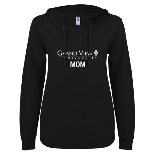  ENZA Womens Black V Notch Raw Edge Fleece Hoodie - Mom Institutional
