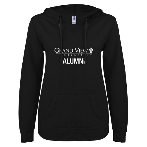  ENZA Womens Black V Notch Raw Edge Fleece Hoodie - Alumni Institutional