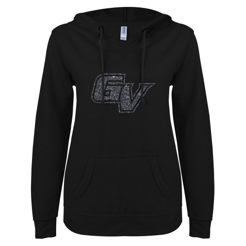  ENZA Womens Black V Notch Raw Edge Fleece Hoodie - F Graphite Soft Glitter