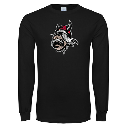  Black Long Sleeve T Shirt - Viking Head Distressed