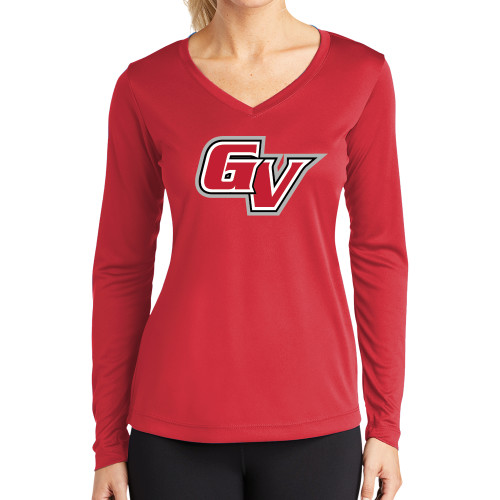  Womens Red Performance Long Sleeve V Neck Shirt - GV Athletic