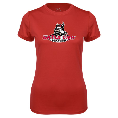  Womens Red Performance Tee - Grand View Viking Head