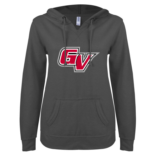  ENZA Womens Dark Heather V Notch Raw Edge Fleece Hoodie - GV Athletic