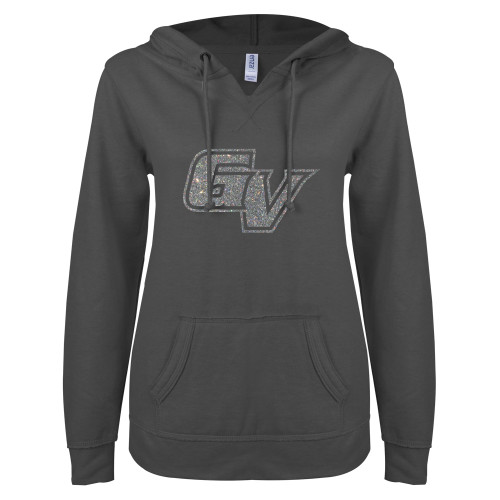  ENZA Womens Dark Heather V Notch Raw Edge Fleece Hoodie - A Silver Soft Glitter