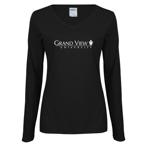  Womens Black Long Sleeve V Neck Tee  - Grand View University