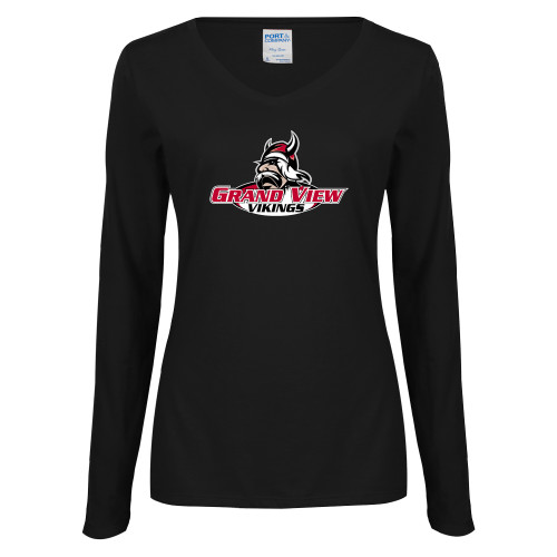  Womens Black Long Sleeve V Neck Tee  - Grand View Viking Head