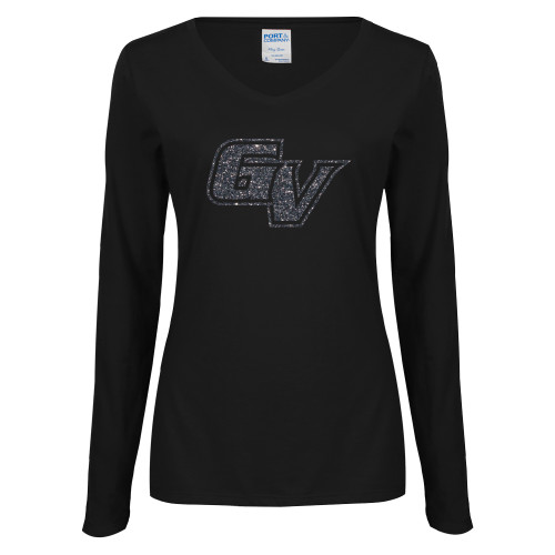  Womens Black Long Sleeve V Neck Tee  - F Graphite Soft Glitter