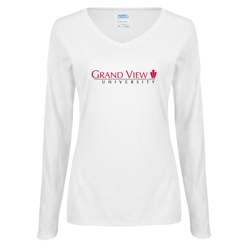  Womens White Long Sleeve V Neck Tee - Grand View University