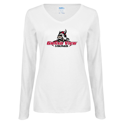  Womens White Long Sleeve V Neck Tee - Grand View Viking Head