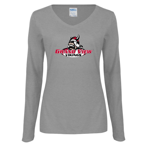  Womens Grey Long Sleeve V Neck Tee  - Grand View Viking Head