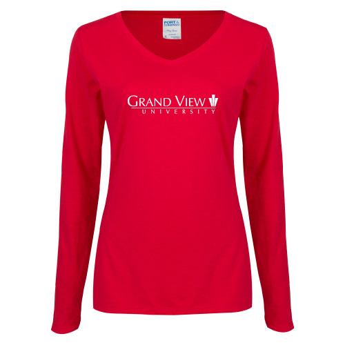  Womens Red Long Sleeve V Neck Tee - Grand View University