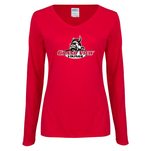  Womens Red Long Sleeve V Neck Tee - Grand View Viking Head