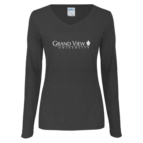 Womens Dark Heather Long Sleeve V Neck Tee  - Grand View University