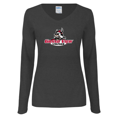  Womens Dark Heather Long Sleeve V Neck Tee  - Grand View Viking Head