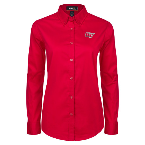  Womens Red Twill Button Down Long Sleeve  - GV Athletic