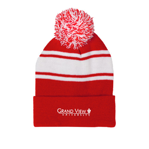  Red/White Two Tone Knit Pom Beanie w/Cuff - Grand View University