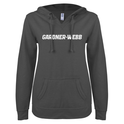  ENZA Womens Dark Heather V Notch Raw Edge Fleece Hoodie - Gardner Webb Flat Word mark