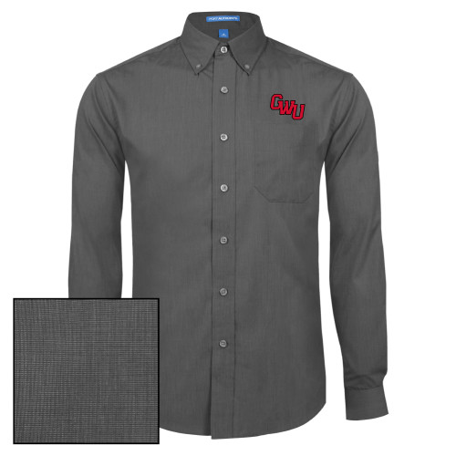  Dark Charcoal Poplin Crosshatch Long Sleeve Button Down - GWU Monogram