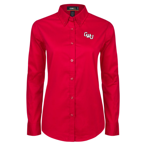  Womens Red Twill Button Down Long Sleeve  - GWU Monogram