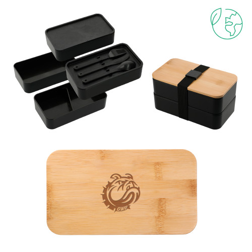  Stackable Bamboo Fiber Black Bento Box - GWU Mascot HeadEngraved