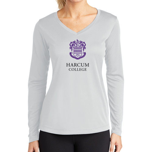  Womens White Performance Long Sleeve V Neck Shirt - Primary Mark