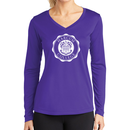  Womens Purple Performance Long Sleeve V Neck Shirt - College Seal