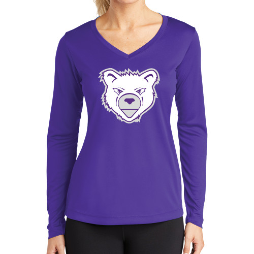  Womens Purple Performance Long Sleeve V Neck Shirt - Bear Head