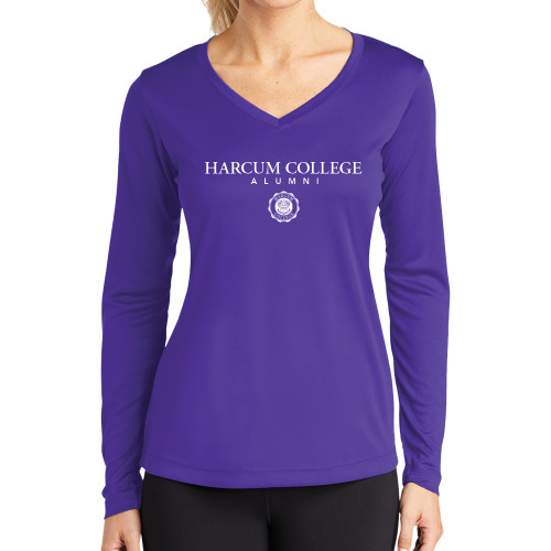  Womens Purple Performance Long Sleeve V Neck Shirt - Harcum College Alumni