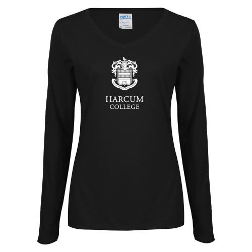  Womens Black Long Sleeve V Neck Tee  - Primary Mark