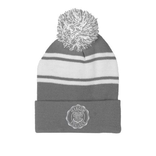  Grey/White Two Tone Knit Pom Beanie w/Cuff - College Seal