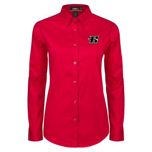  Womens Red Twill Button Down Long Sleeve  - Flaming H