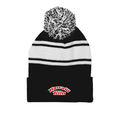  Black/White Two Tone Knit Pom Beanie w/Cuff - Hawaii Hilo Arched